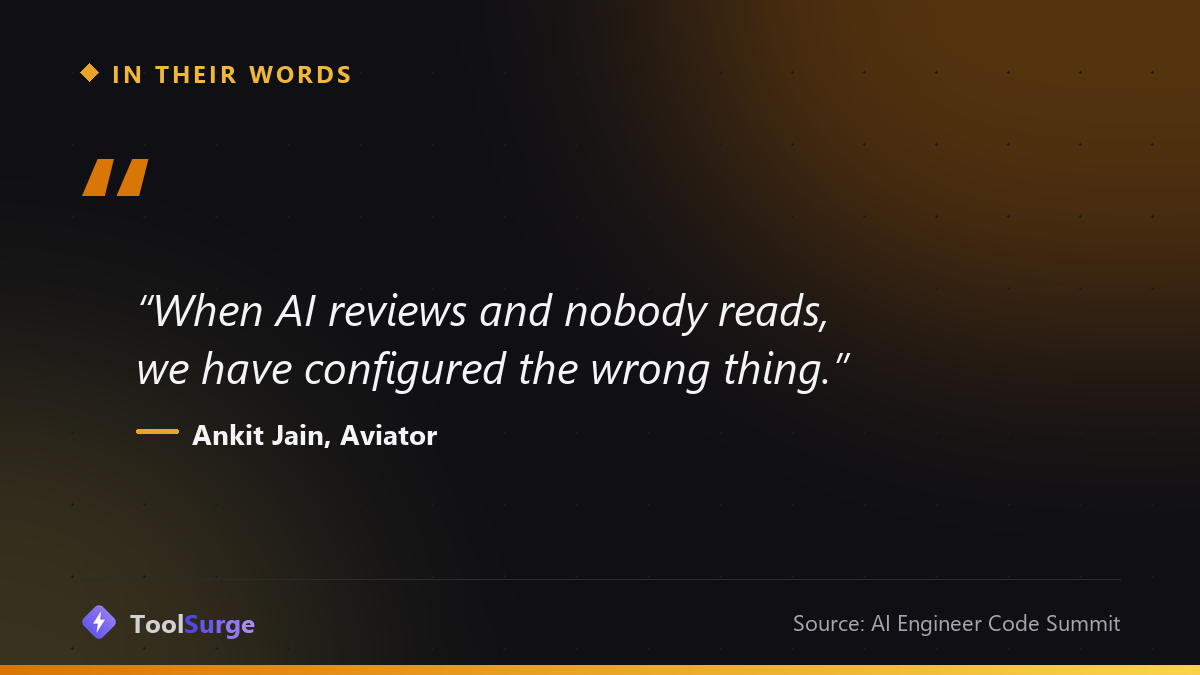 Quote card: Ankit Jain of Aviator says when AI reviews and nobody reads, we have configured the wrong thing