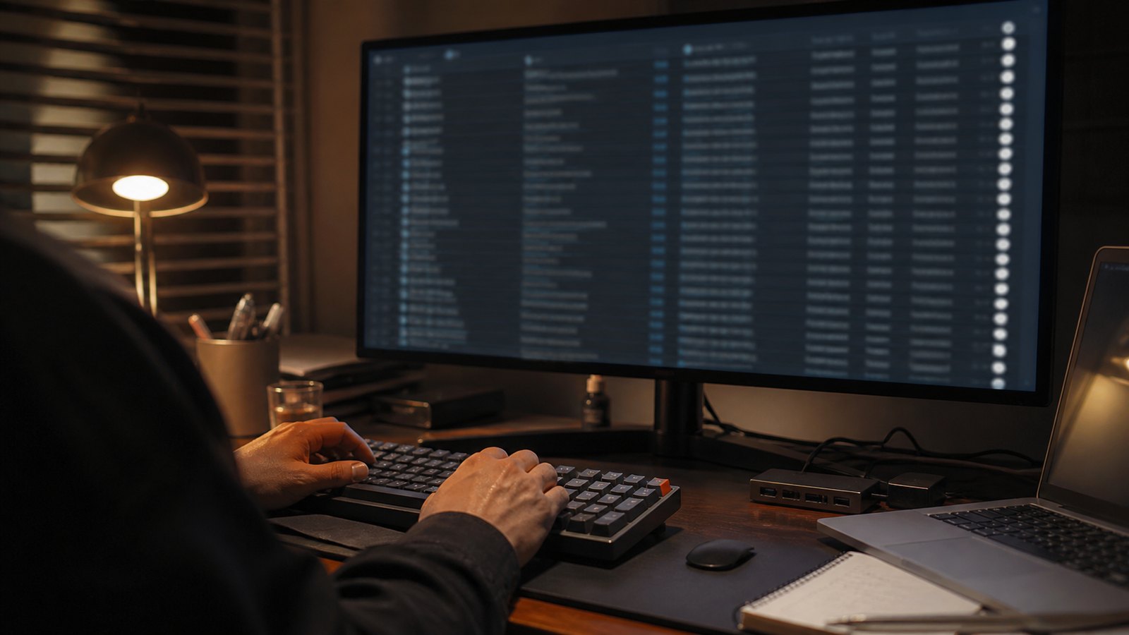 A developer at a dark desk reviewing a long list of installed agent plugins on a monitor