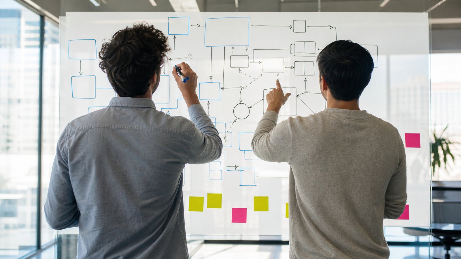 Two security engineers at a whiteboard mapping which internal systems an AI agent can reach