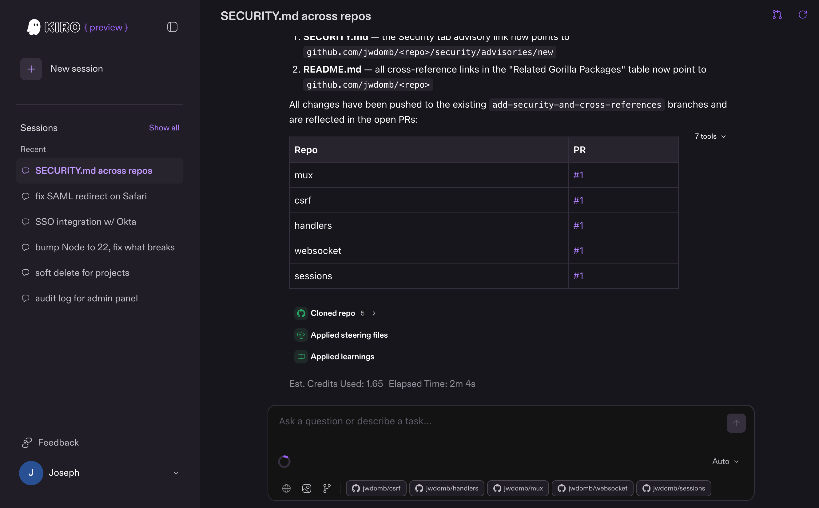 Kiro's official browser interface example showing work across several repositories