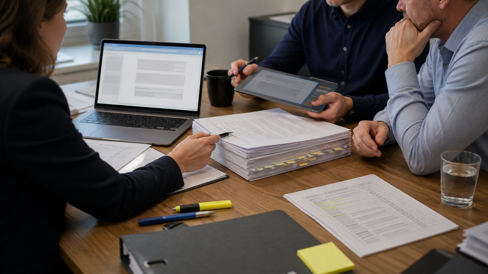 A regulatory compliance team compares an AI service screen with a legal dossier and risk checklist