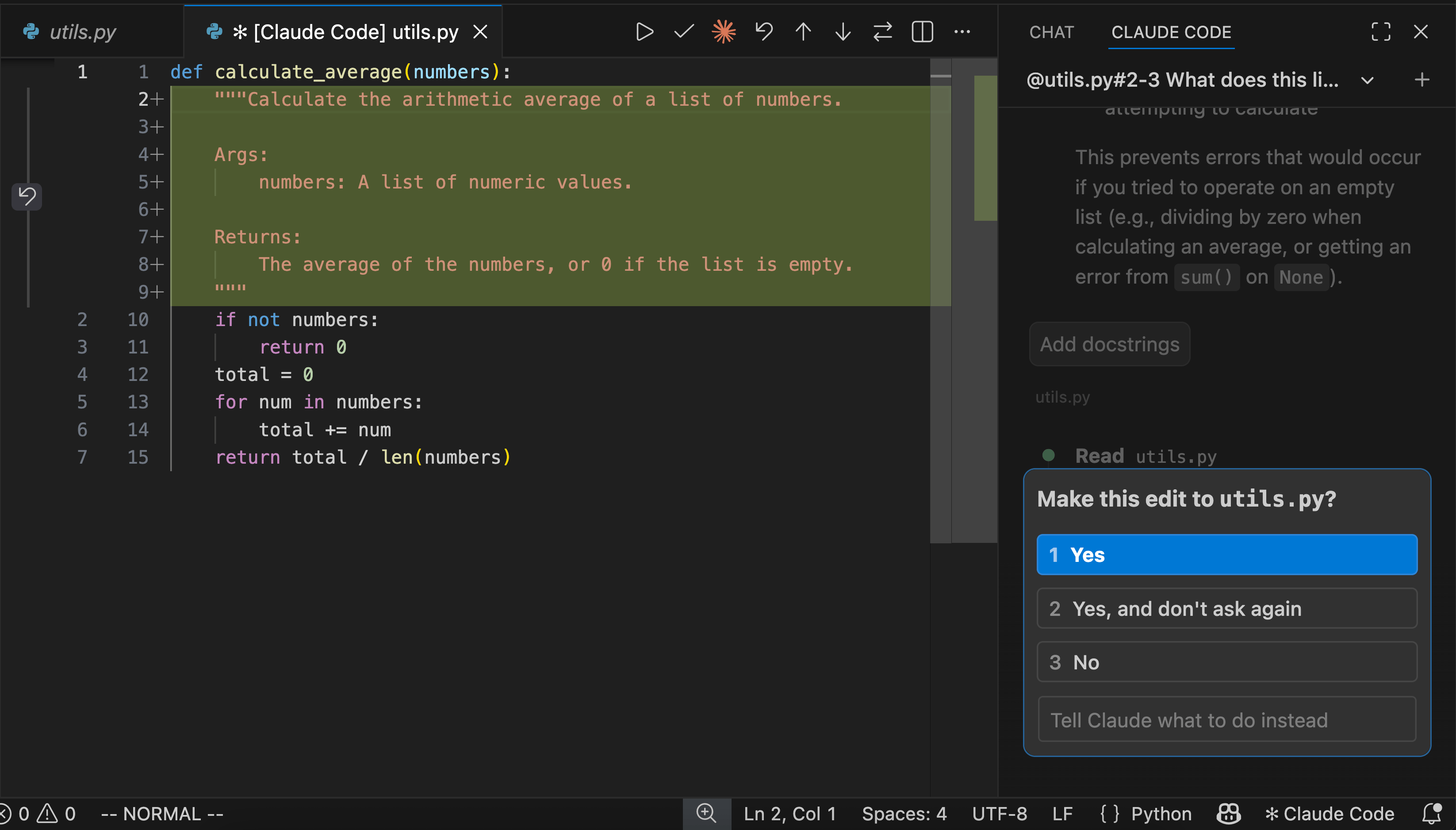 Claude Code's VS Code extension displaying a proposed code change and an edit permission prompt