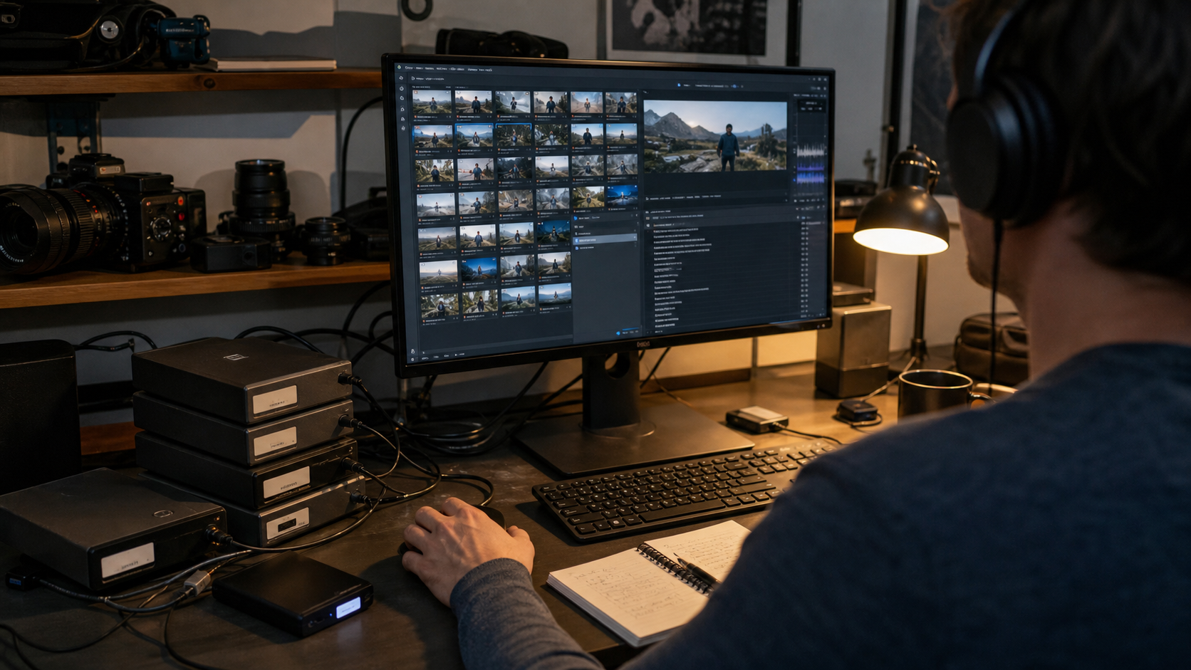A video editor searches a mixed-media archive across local drives and a thumbnail grid