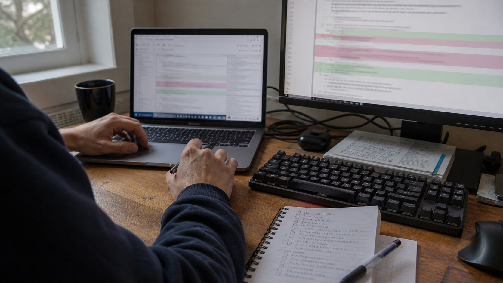 An anonymous software maintainer reviews a code diff beside a handwritten test checklist