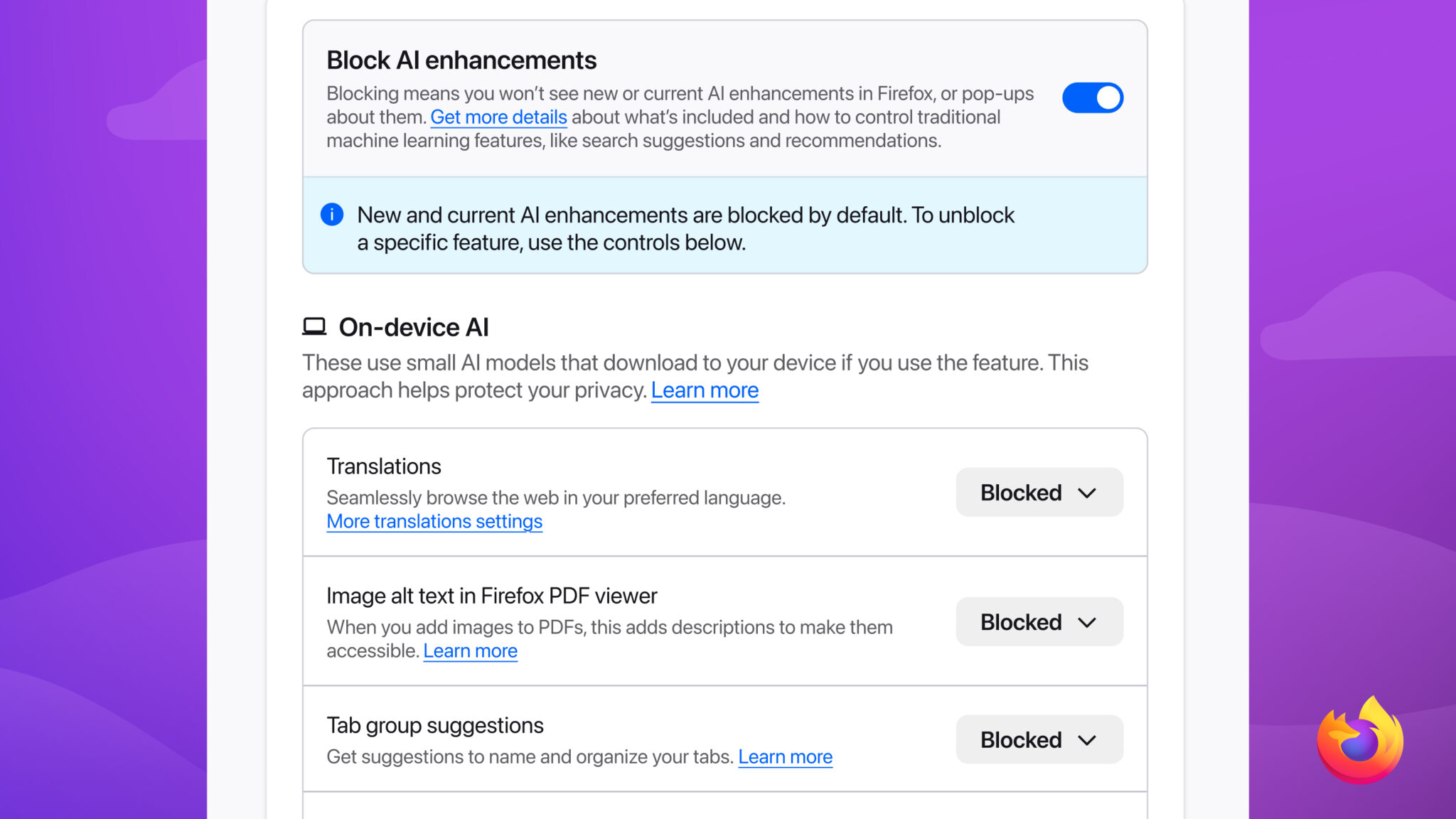 Firefox AI Controls with Block AI enhancements enabled and individual feature controls underneath