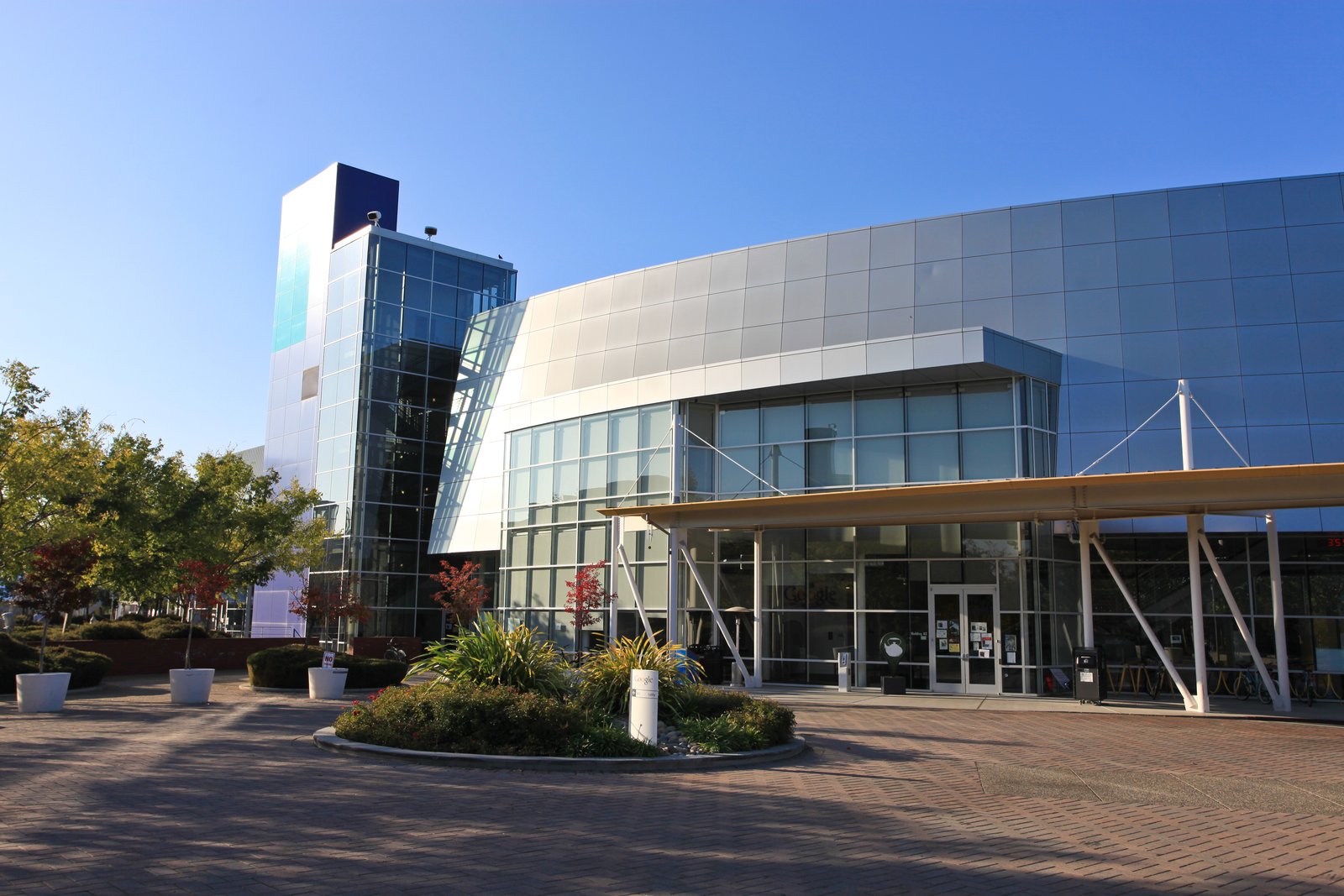 Google office buildings and pedestrian space in an archive photograph