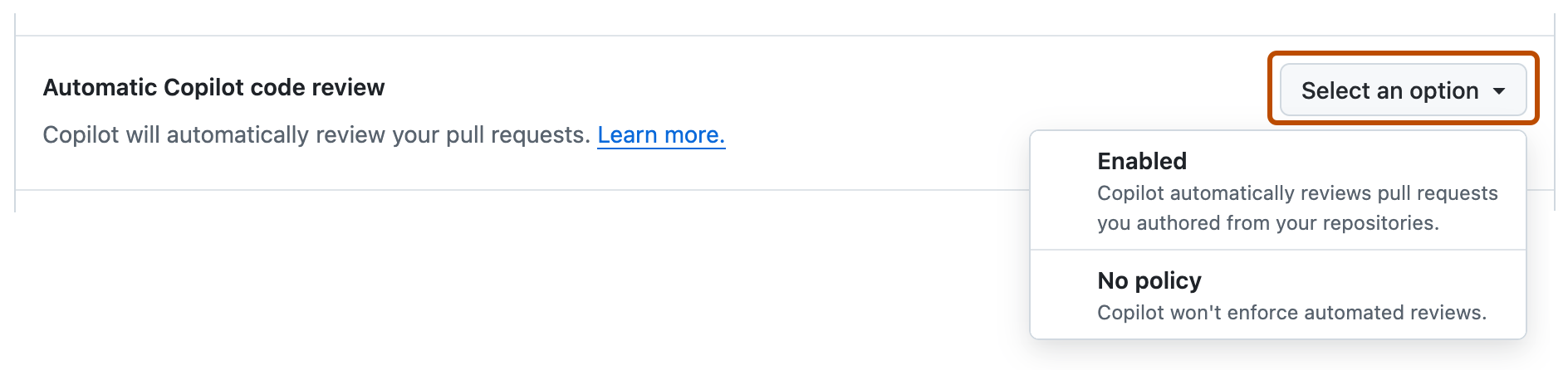 Personal automatic Copilot code review setting with its dropdown open