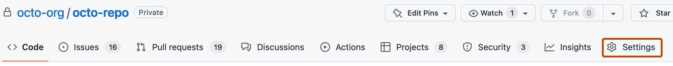 GitHub repository navigation with the Settings tab highlighted