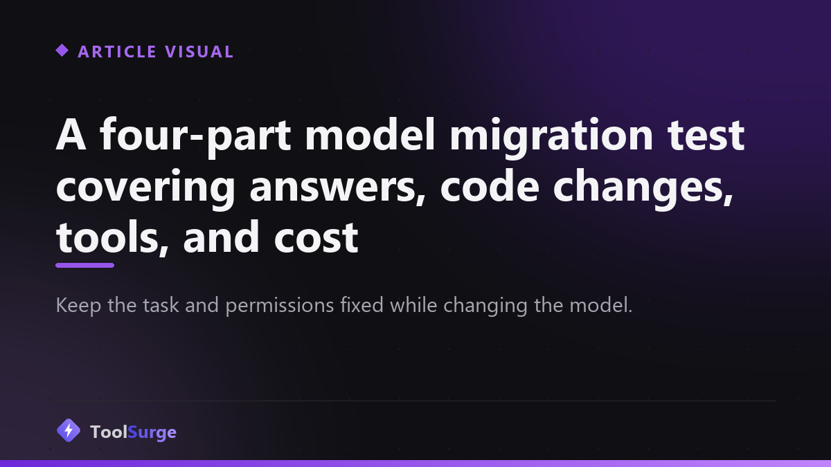 A four-part model migration test covering answers, code changes, tools, and cost