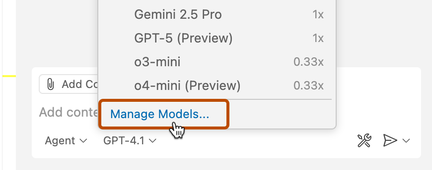 VS Code model picker with Manage Models highlighted in GitHub's documentation