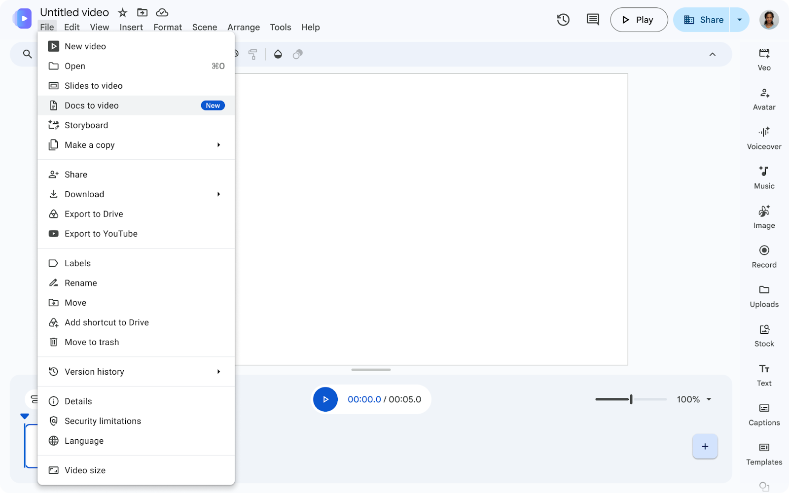 Google Vids File menu with the Docs to video conversion option