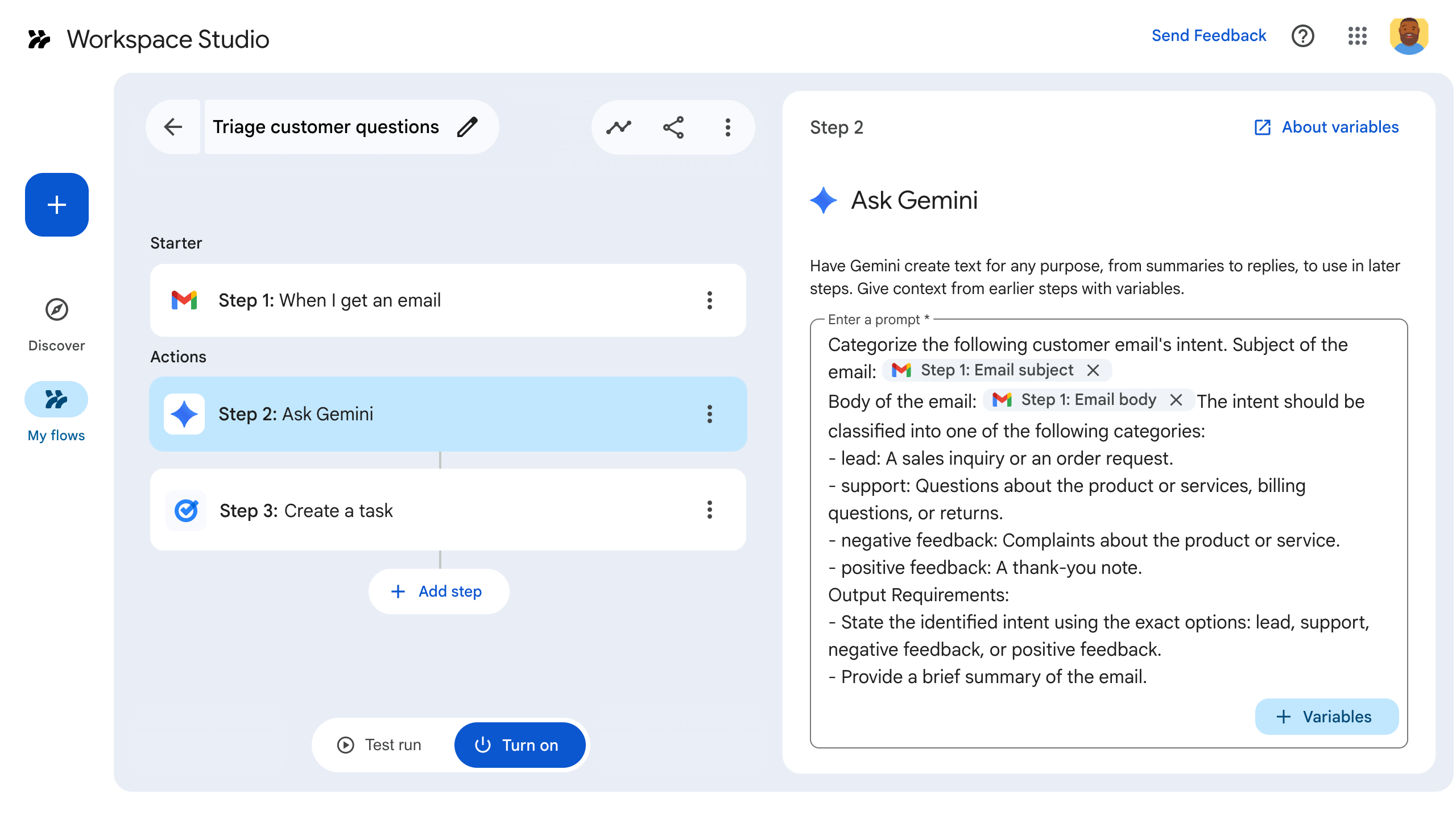 Official Google Workspace Studio demonstration of an automation flow
