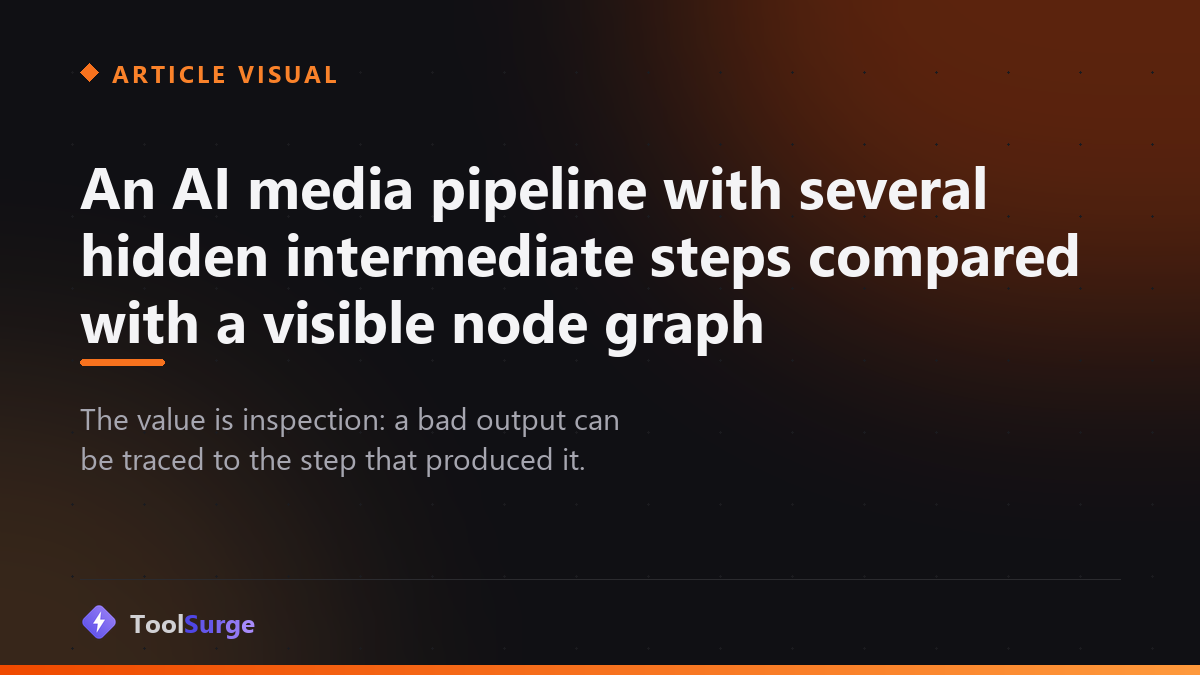 An AI media pipeline with several hidden intermediate steps compared with a visible node graph