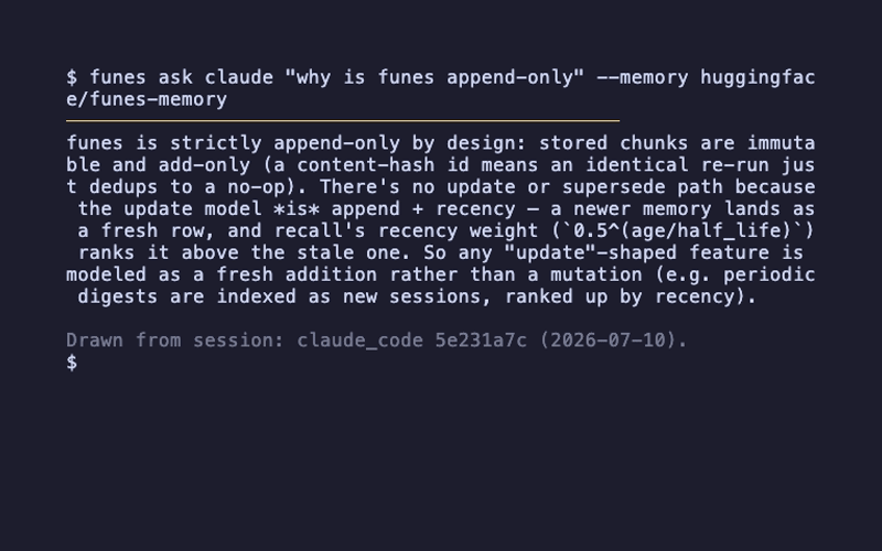 Official Funes terminal demonstration of retrieving an earlier session