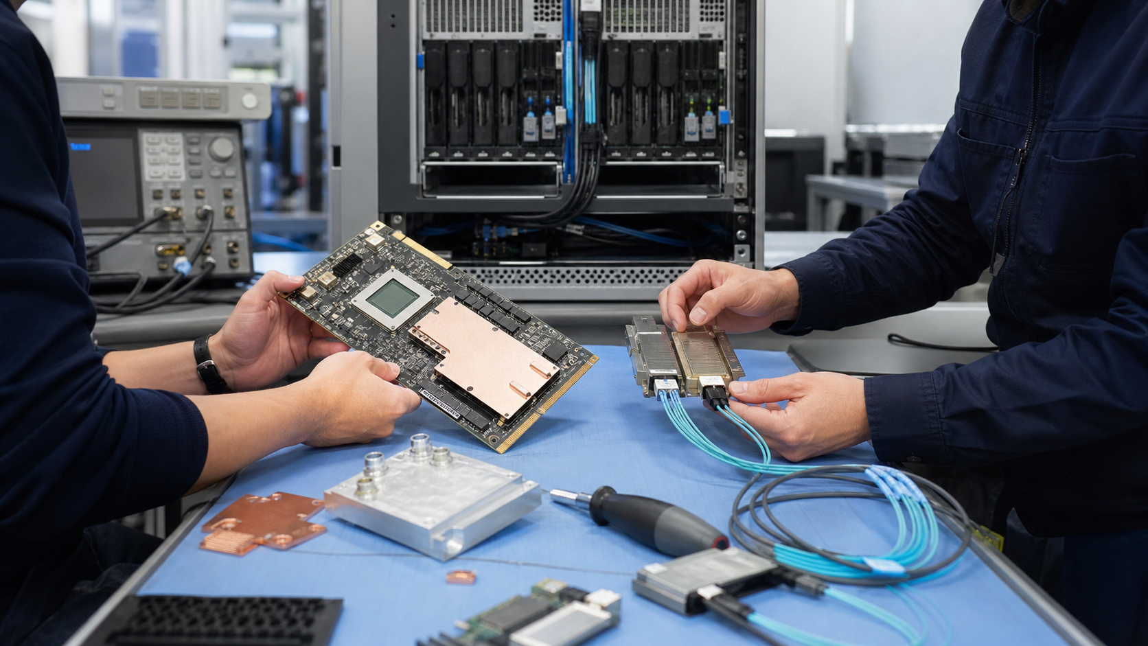 Hardware engineers inspect a custom accelerator board and high-speed interconnect module beside a rack server