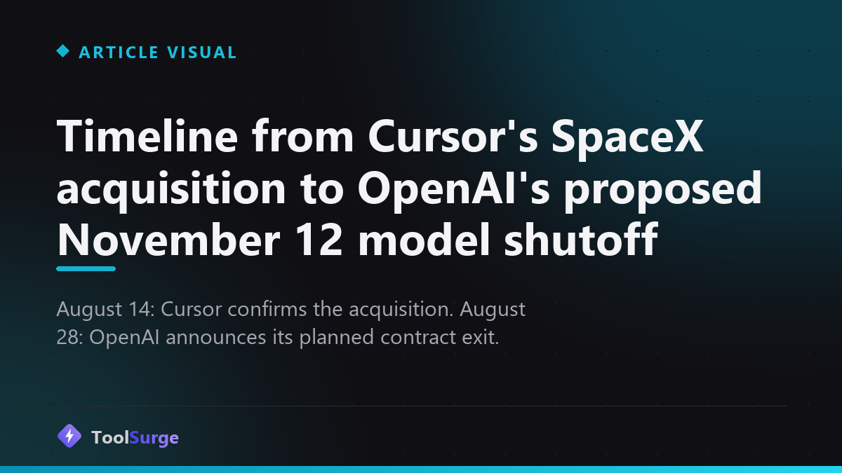 Timeline from Cursor's SpaceX acquisition to OpenAI's proposed November 12 model shutoff
