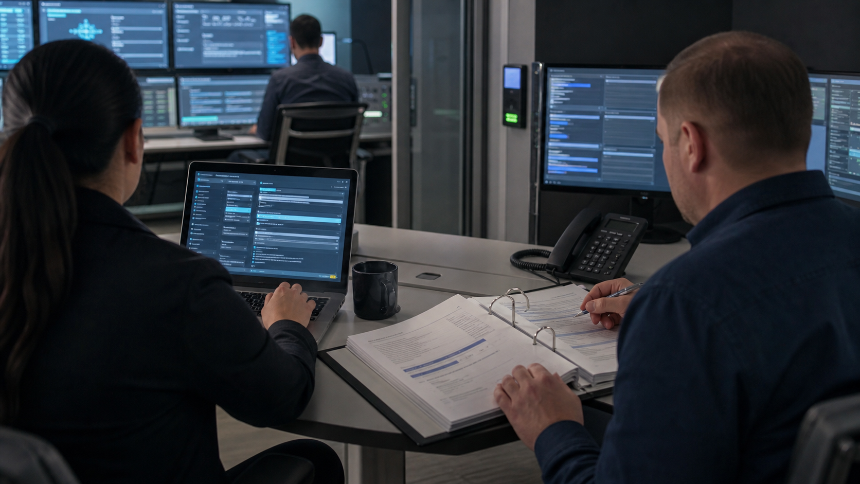 A secure IT review team compares model outputs with an official policy binder